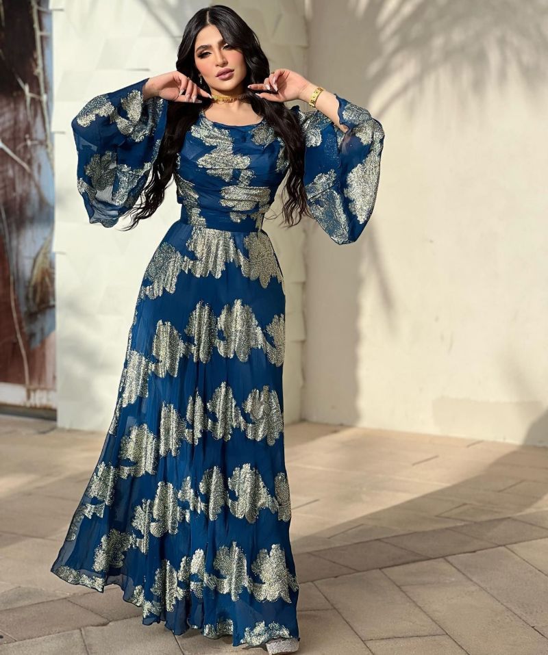 Spring Summer Women Sexy Bronze Printing Chiffon Ball Gown Dress