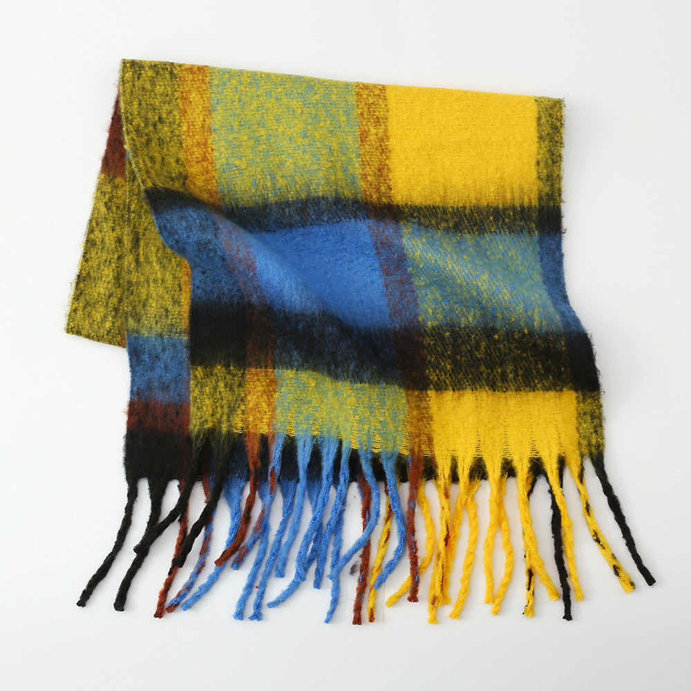 Autu'mn Winter Rainbow Plaid Cashmere like Tassel Scarf Women Mohair Thickening Shawl Warm Scarf