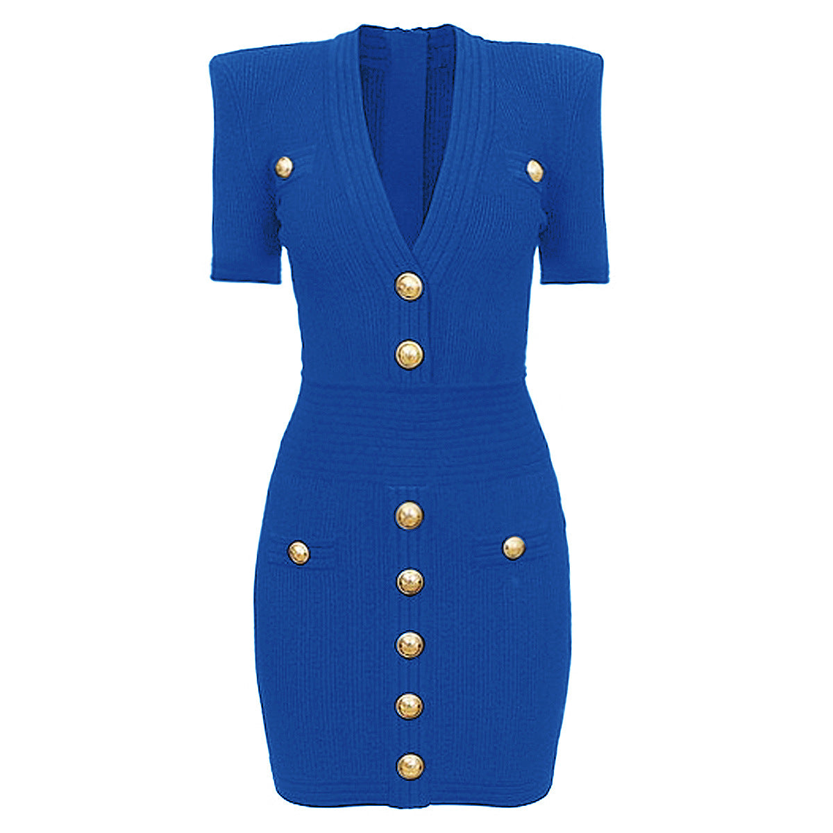 Office V Neck Knitted Sweater Midi Dress Rivet Button Short Sleeve Dress Women