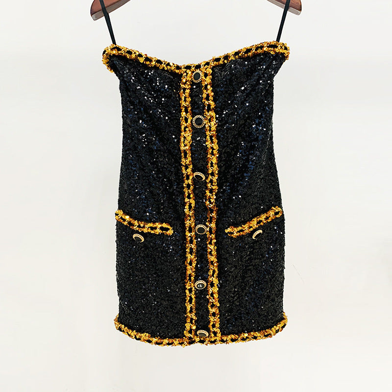 Early Spring Star Heavy Embroidery Sequ Chain Tube Top Dress