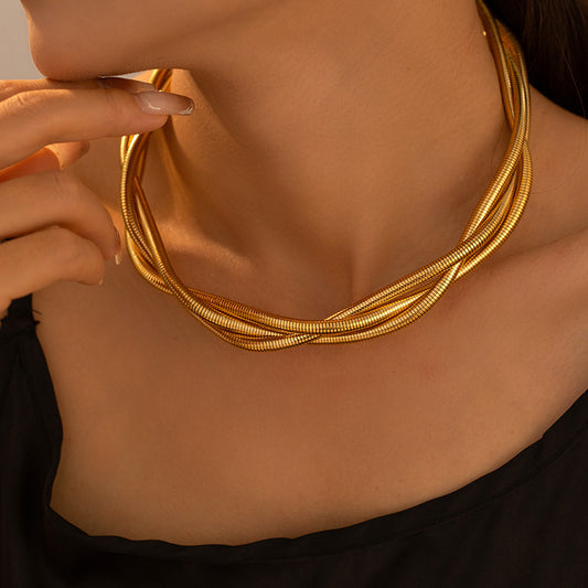 Heavy Industry Golden Three Wire Winding Collar Necklace Light Luxury Stainless Steel Plated 18K Real Gold Punk Necklace