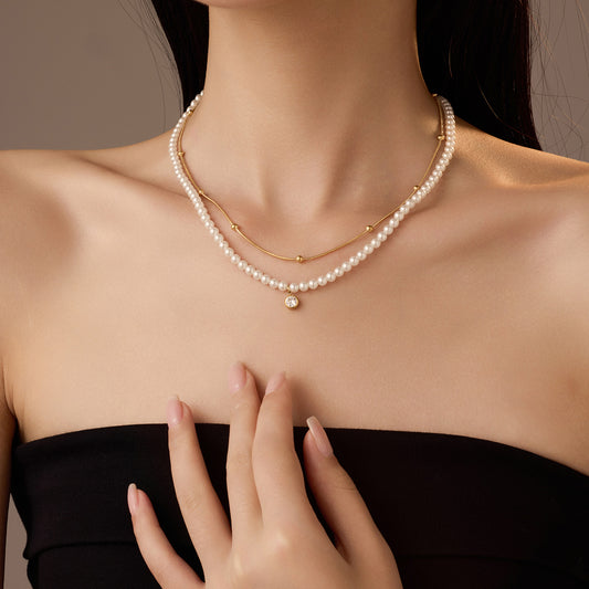 All Match Pearl Double Chain Inlaid Zircon Titanium Steel Necklace 18K Stainless Steel Clavicle Chain Accessories