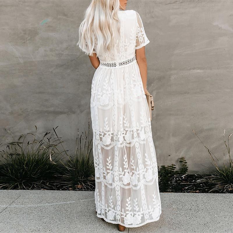 Spring Summer Women Clothing Lace Long Sleeve V neck Solid Color Chiffon Summer Dress