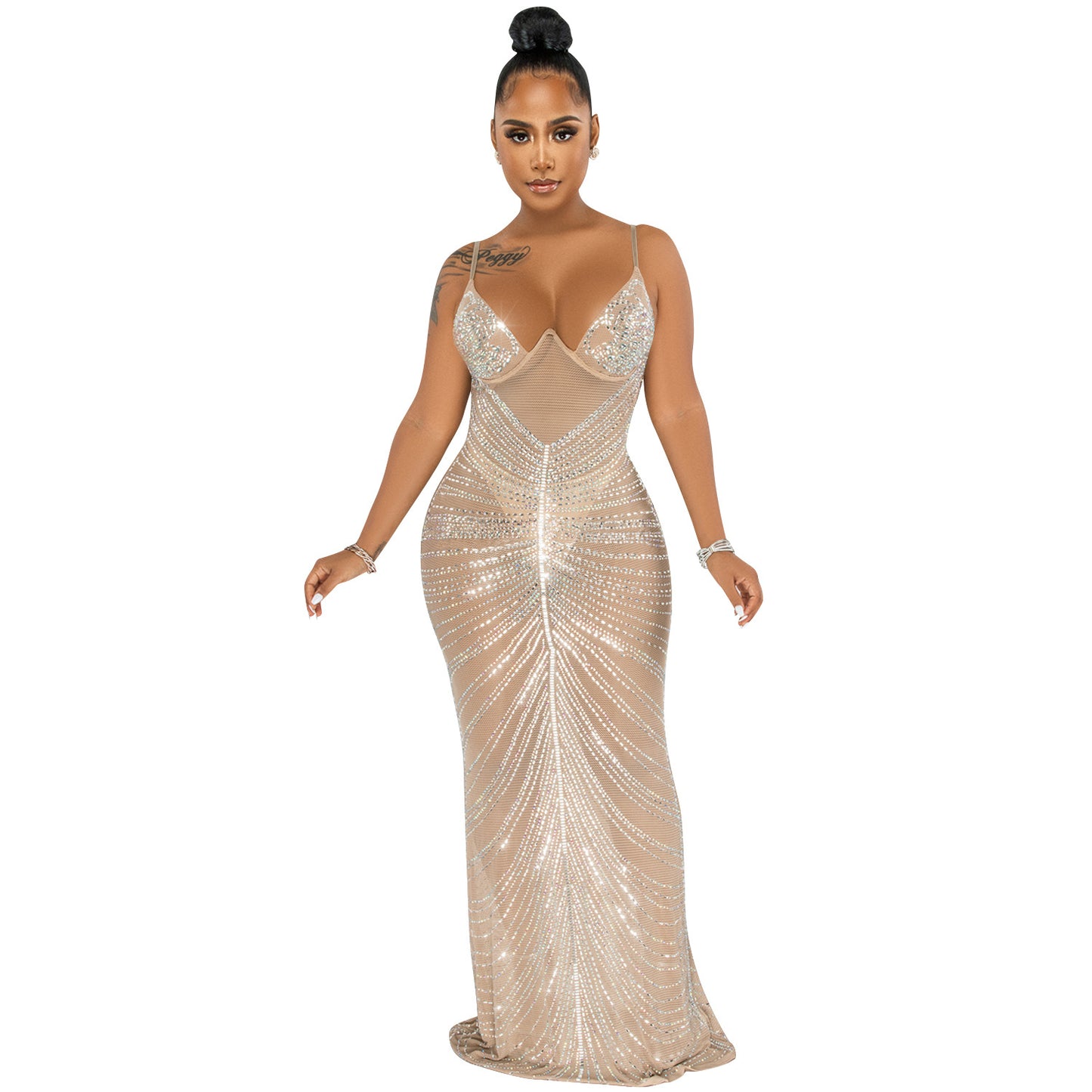 Rhinestone Sexy Spaghetti Straps Corset Mesh See through Maxi Dress