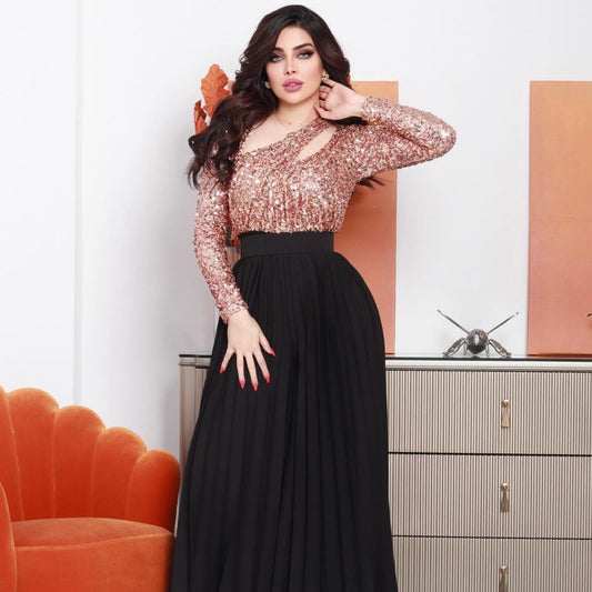 Autumn Winter Middle East Women round Neck Sexy Long Sleeved Trousers Sequin Jumpsuit