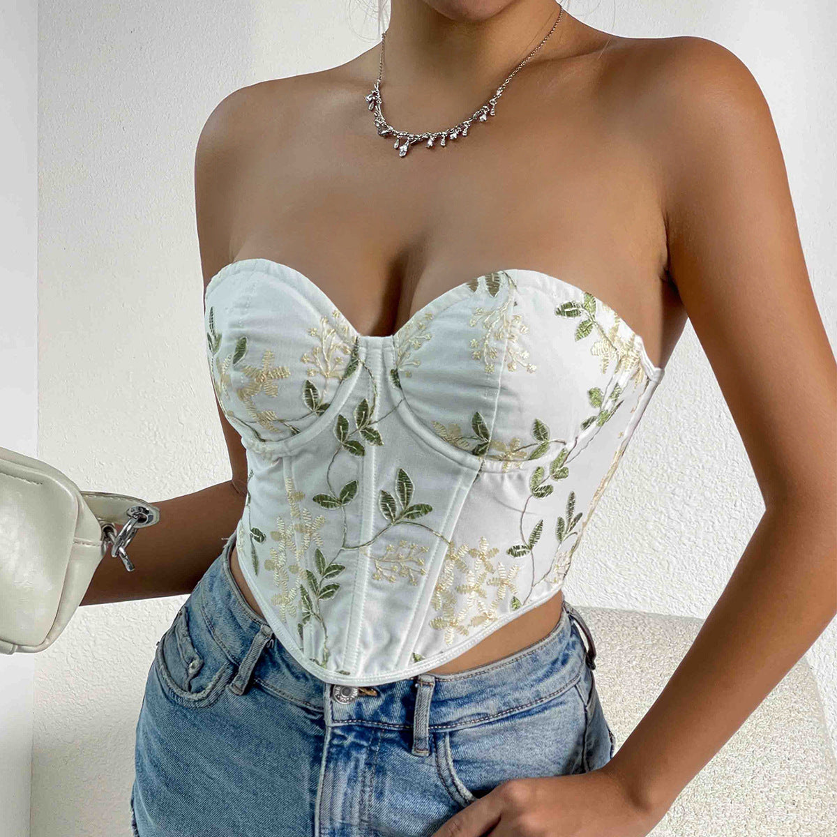 Sexy Floral Embroidery Boning Corset Steel Ring Rhombus Backless Outer Wear Lace Up Tube Top