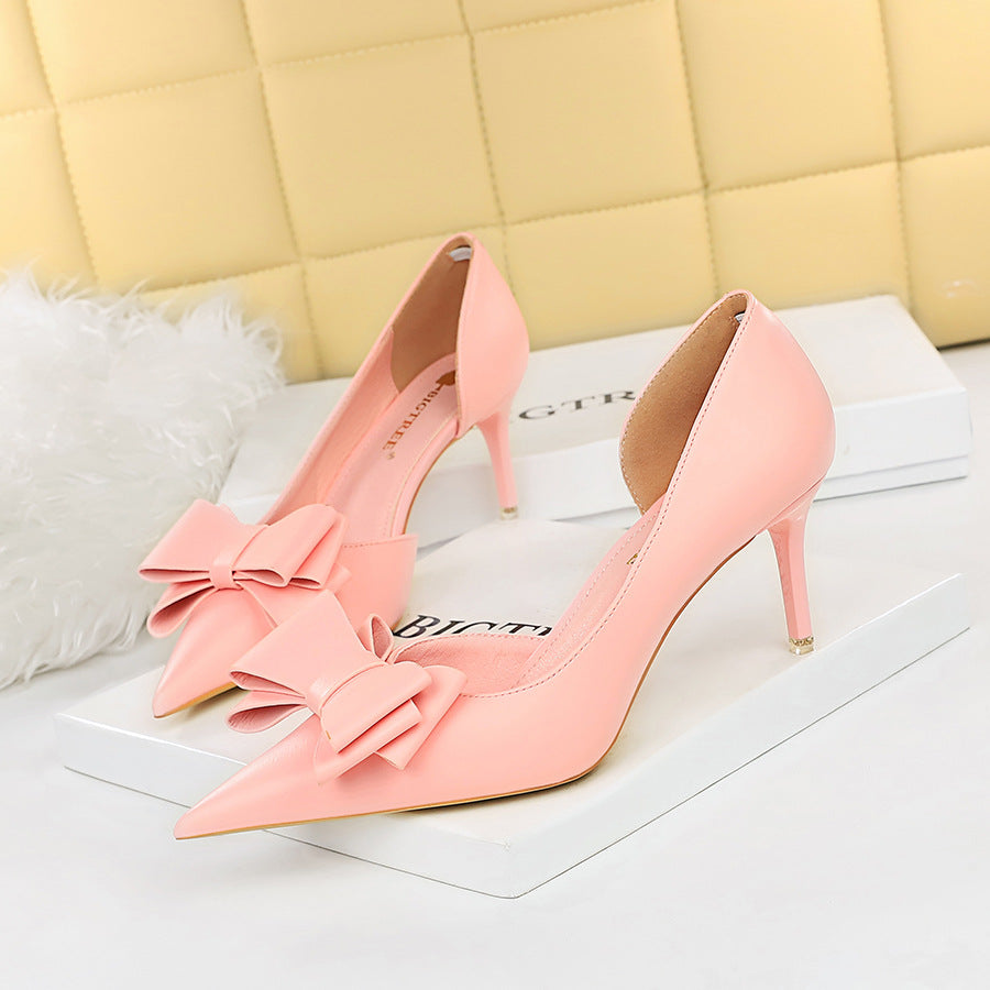 Korean Pedicure Slim Fit Sweet Women Shoes Stiletto Heel Shallow Mouth Pointed Toe Side Hollow Out Cutout Bow Pumps