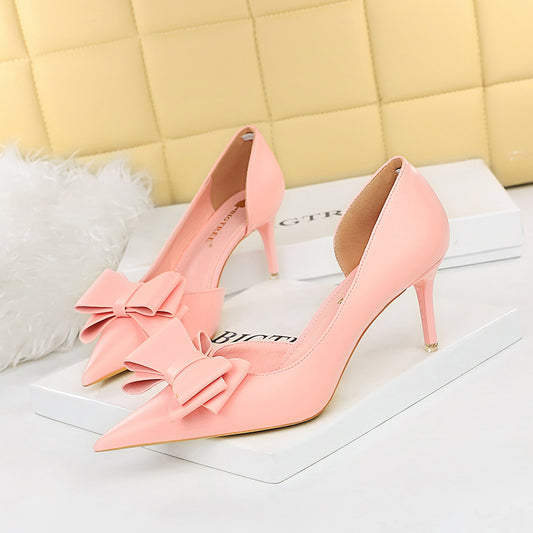 Korean Pedicure Slim Fit Sweet Women Shoes Stiletto Heel Shallow Mouth Pointed Toe Side Hollow Out Cutout Bow Pumps