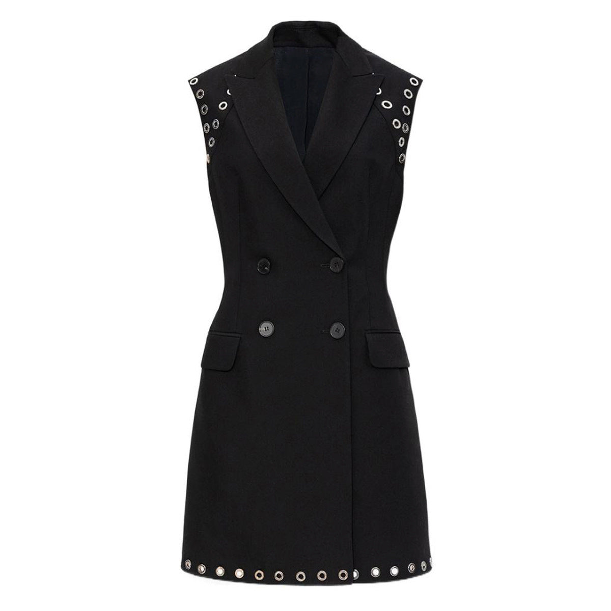 Summer Autumn Premium Solid Color Perforated Sleeveless Slim Fit Office Business Suit Dress Women