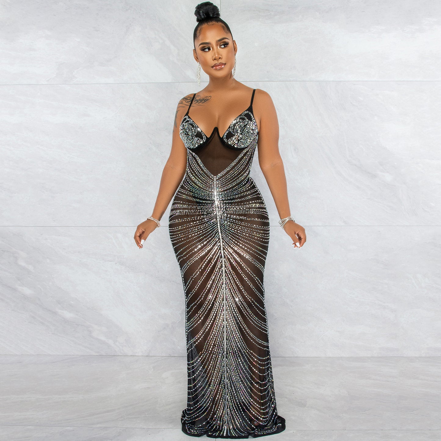 Rhinestone Sexy Spaghetti Straps Corset Mesh See through Maxi Dress