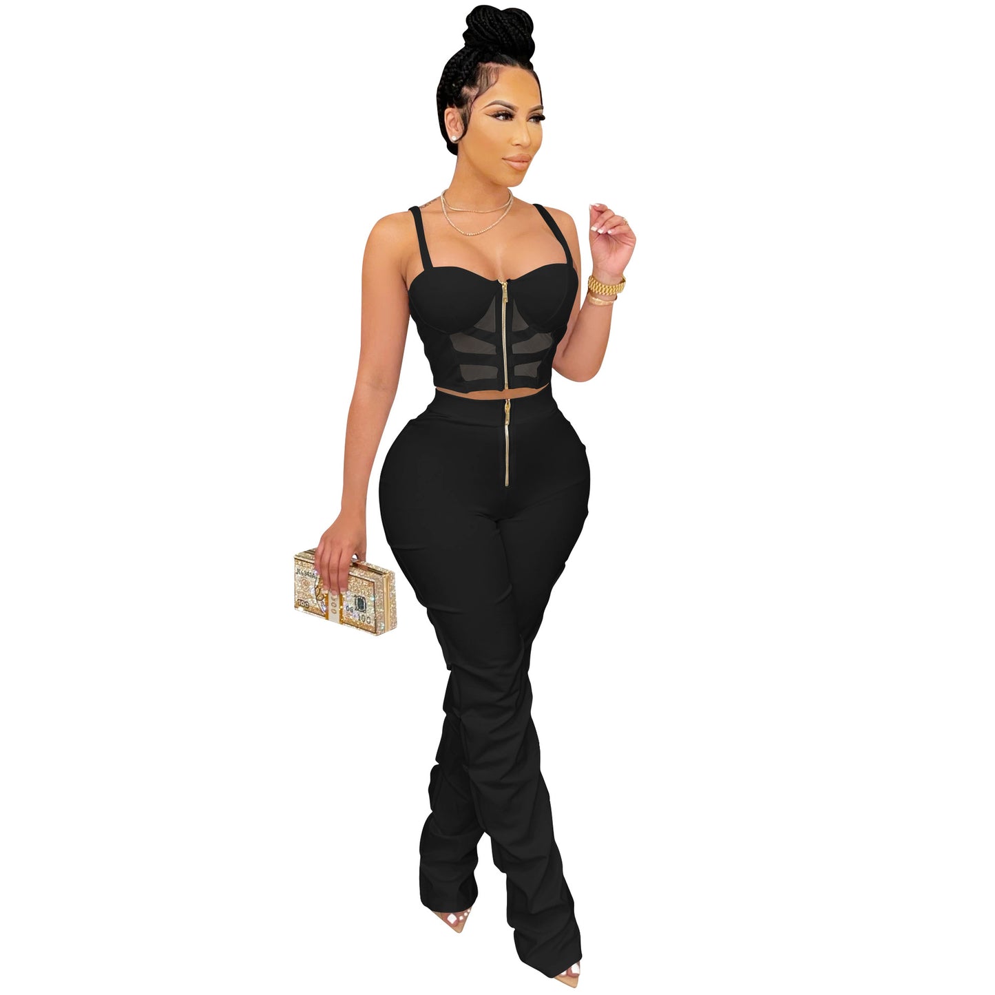 Solid Color Sexy Women Clothing Spaghetti Straps Corset Zipper Vest Pants Two Piece Set