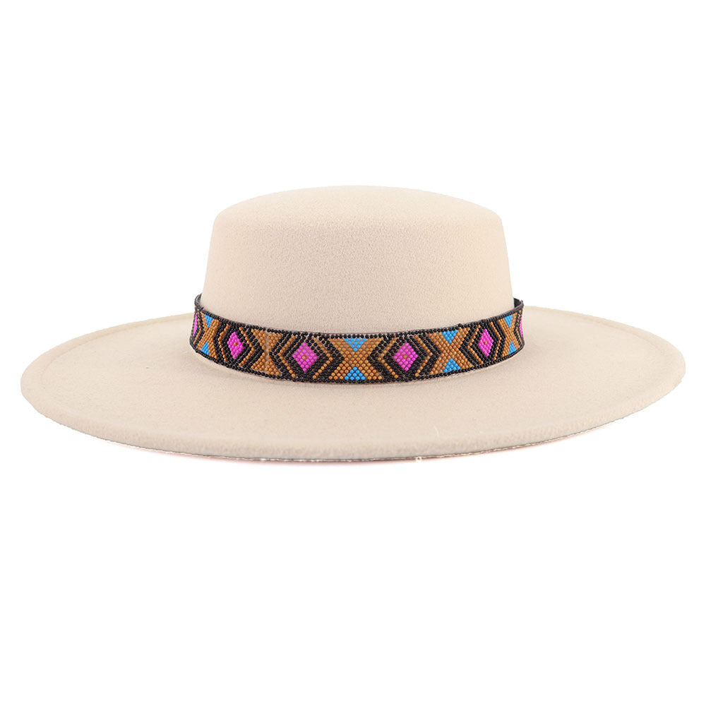 [Minimum order quantity is 2 pieces]Woolen Flat Top Hat Large Brim Hat Bohemian Holiday Broad Brimmed Hat