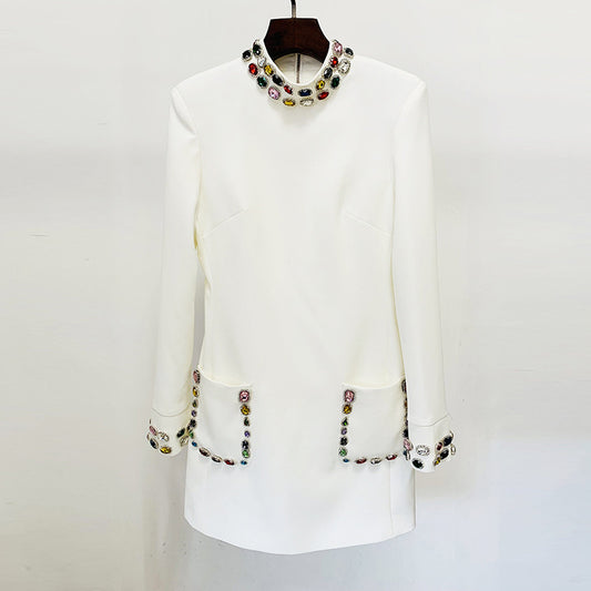 Early Spring Heavy Industry Beads Diamond Color Gem Diamond Long Sleeve Dress