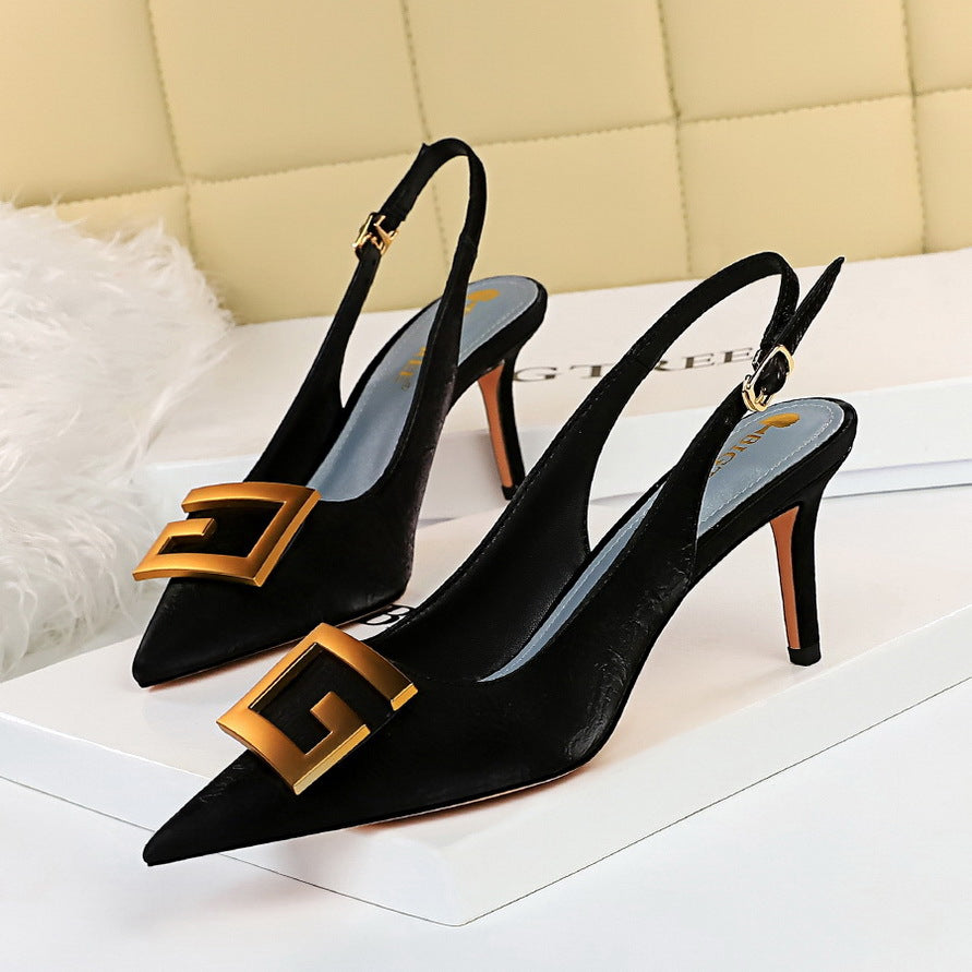 Women Shoes Stiletto Heel Shallow Mouth Pointed Toe Hollowed Back Strap Metal Square Buckle Pumps