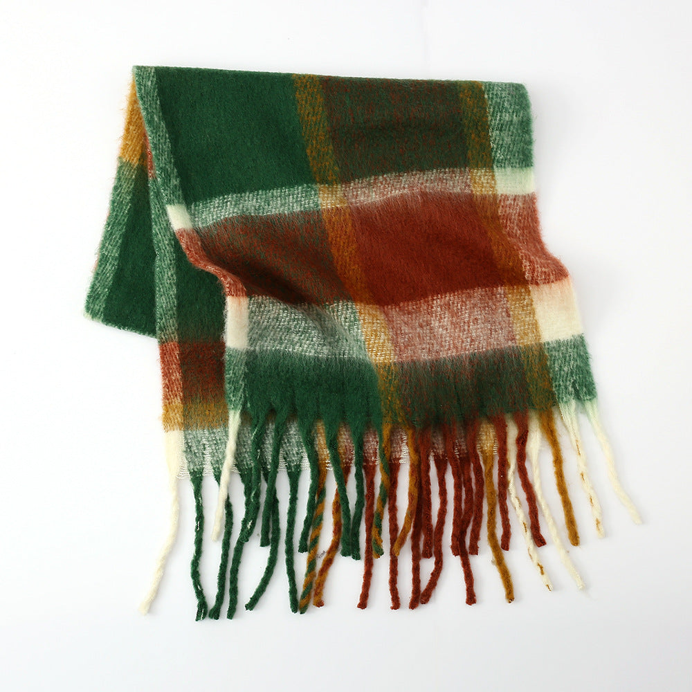 Autu'mn Winter Rainbow Plaid Cashmere like Tassel Scarf Women Mohair Thickening Shawl Warm Scarf