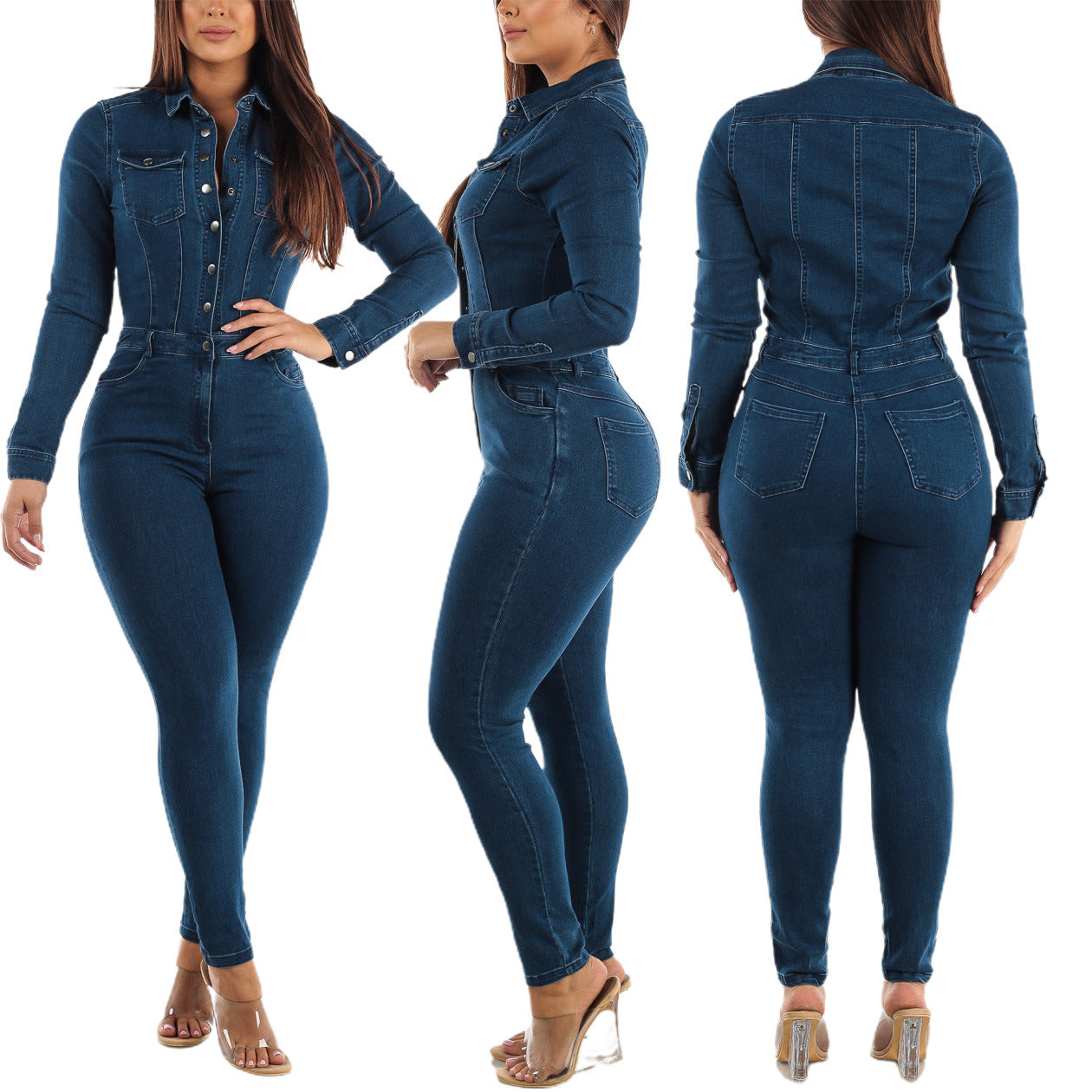 ' W'omen Slim Elastic Feet Wash Denim Jumpsuit Jumpsuit