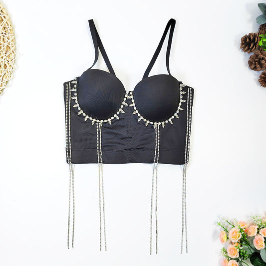 Hip Hop Belly Dance Performance Tube Top Nightclub Sexy Body Shaping Boning Corset Corset Tassel Rhinestone Beaded Sling