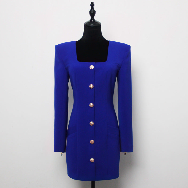 Spring Autumn Solid Color Square Collar Single Breasted Long Sleeve Zipper Short Women Dress