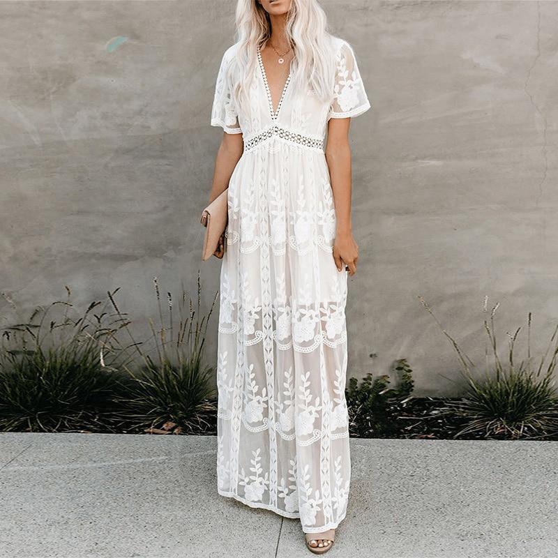 Spring Summer Women Clothing Lace Long Sleeve V neck Solid Color Chiffon Summer Dress