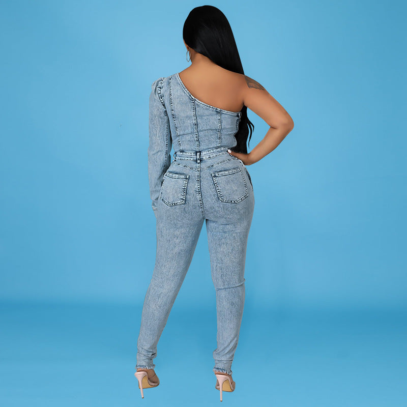 New Women Clothes Autumn New Single Sleeve Off The Shoulder Sexy Denim Jumpsuit