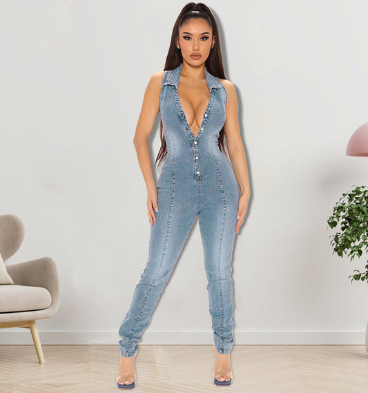 Clothing Summer Sleeveless Open Chest Wash Denim Jumpsuit