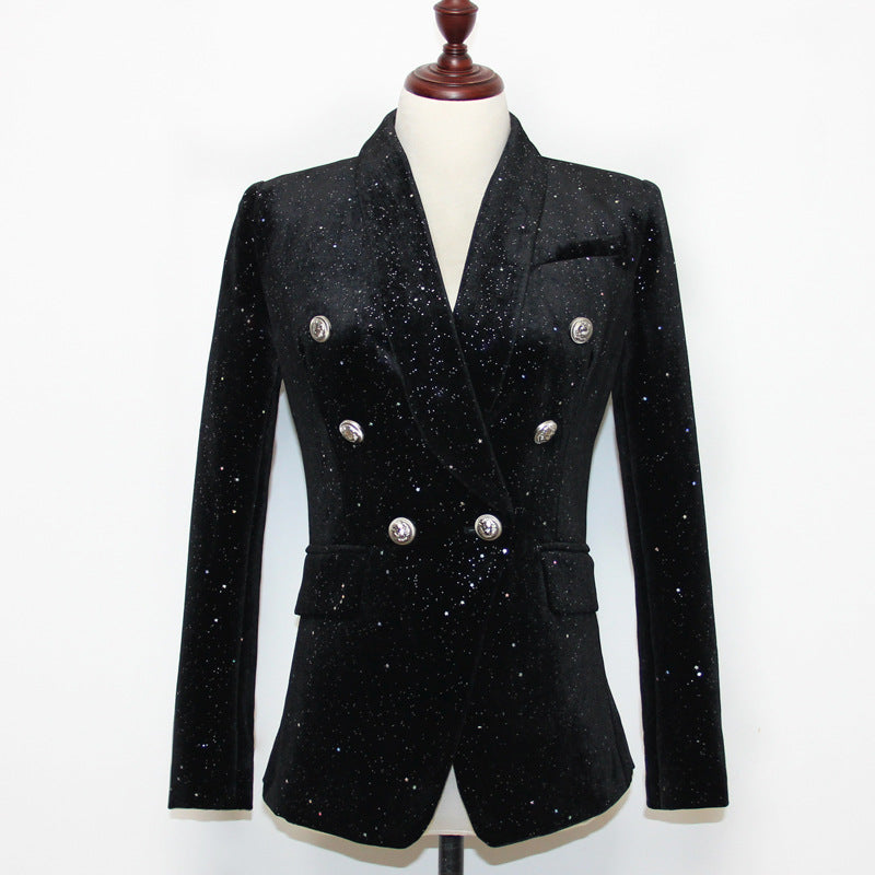 Spring Autumn Blazer Starry Sequined Silver Buckle Waist Tight Velvet Small Blazer for Women