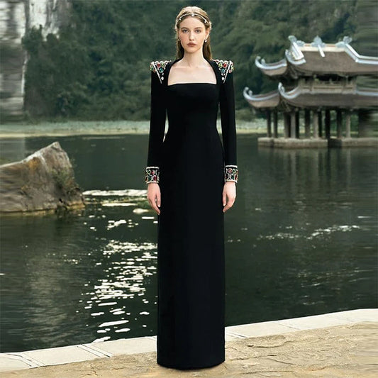 Elegant Heavy Industry Gem Diamond Long Sleeve Maxi Dress Formal Dress