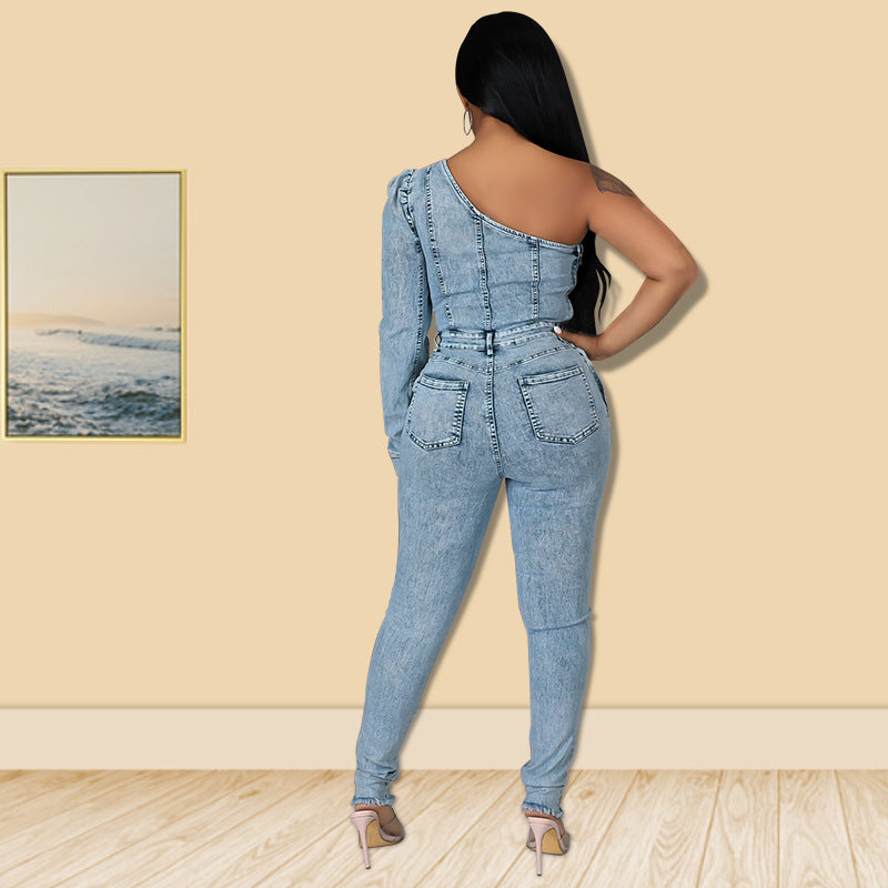 New Women Clothes Autumn New Single Sleeve Off The Shoulder Sexy Denim Jumpsuit