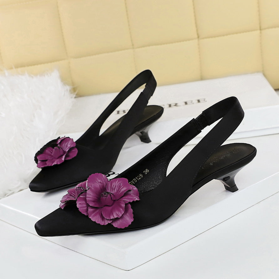 High Grade Floral Pointed Mid Heel Sandals Women Satin Hollow Out Cutout Back Back Strap Women Shoes Not Tired Feet