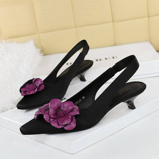 High Grade Floral Pointed Mid Heel Sandals Women Satin Hollow Out Cutout Back Back Strap Women Shoes Not Tired Feet