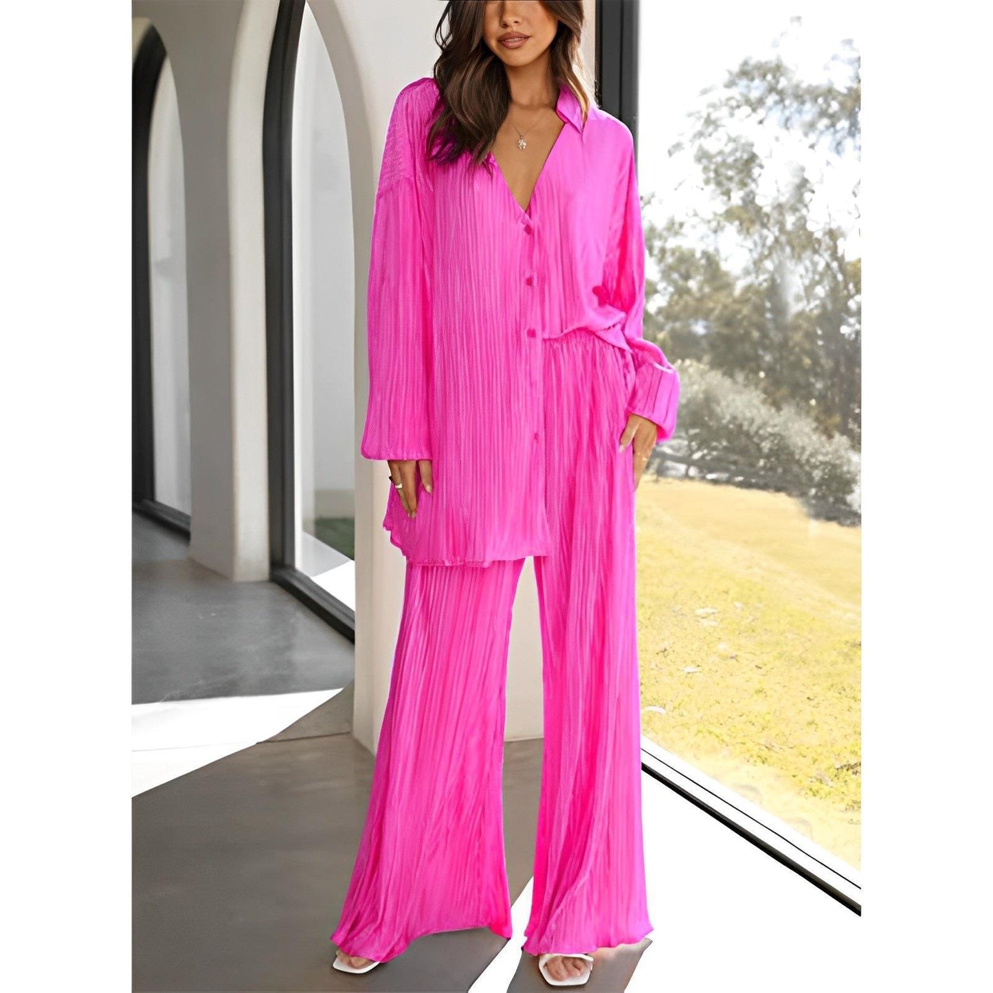 Spring Summer Women Solid Color Pleated Single Breasted Top High Waist Wide Leg Bell Bottoms Homewear Suit