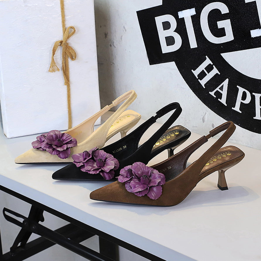 Cocktail Stiletto Low Cut Back Open Shoes Women Design Contrast Color Floral Back Strap High Heels