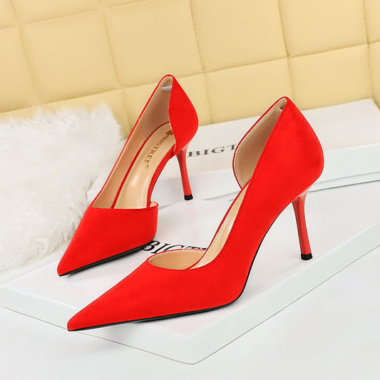 Fashionable Simple Stiletto Heel Women Shoes Slim Suede Shallow Mouth Pointed Toe Side Hollow Out Cutout Pumps High Heel