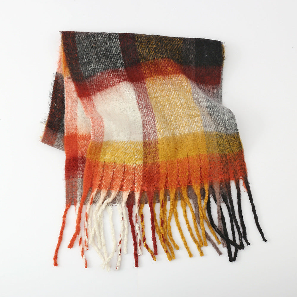 Scarf Women Autumn Winter Thickened Warm Circle Yarn Tassel Plaid Scarf Shawl