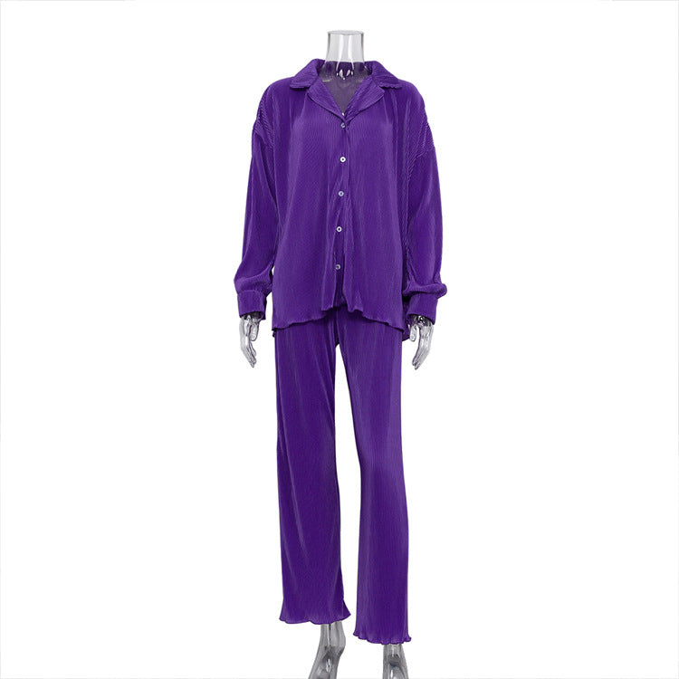 Long Sleeve Collared Pleated Shirt Women Wide Leg Mopping Drape Pleated Trousers Suit