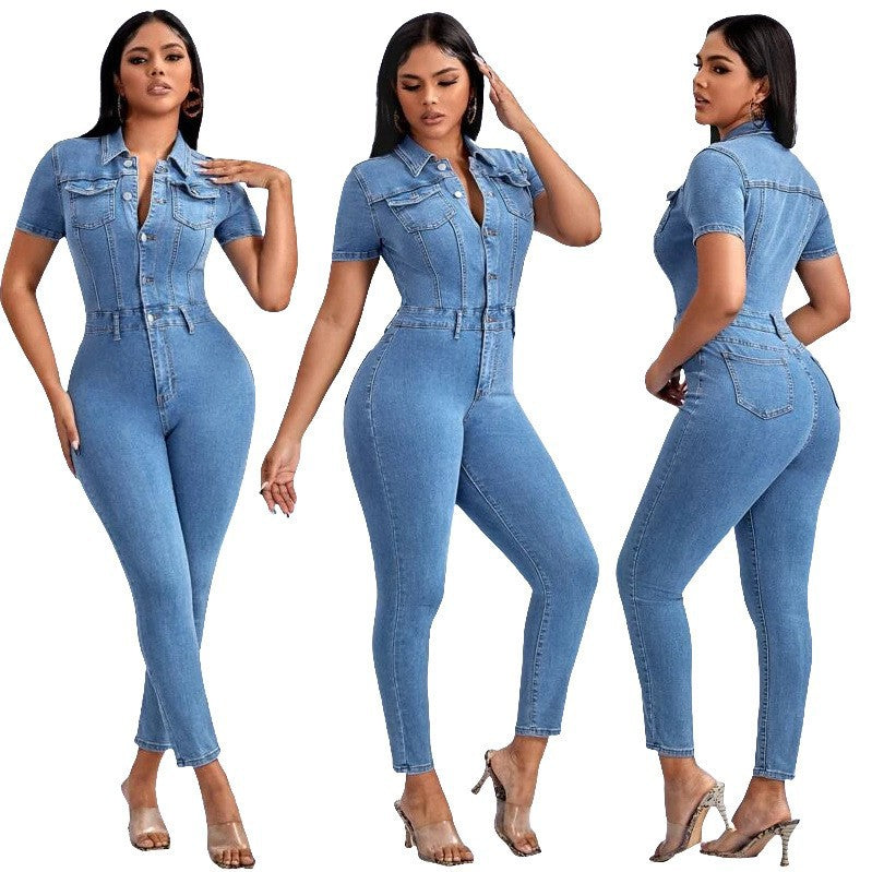 Denim Jumpsuit Women Slim Waist Elastic Jumpsuit Washed Office Jumpsuit