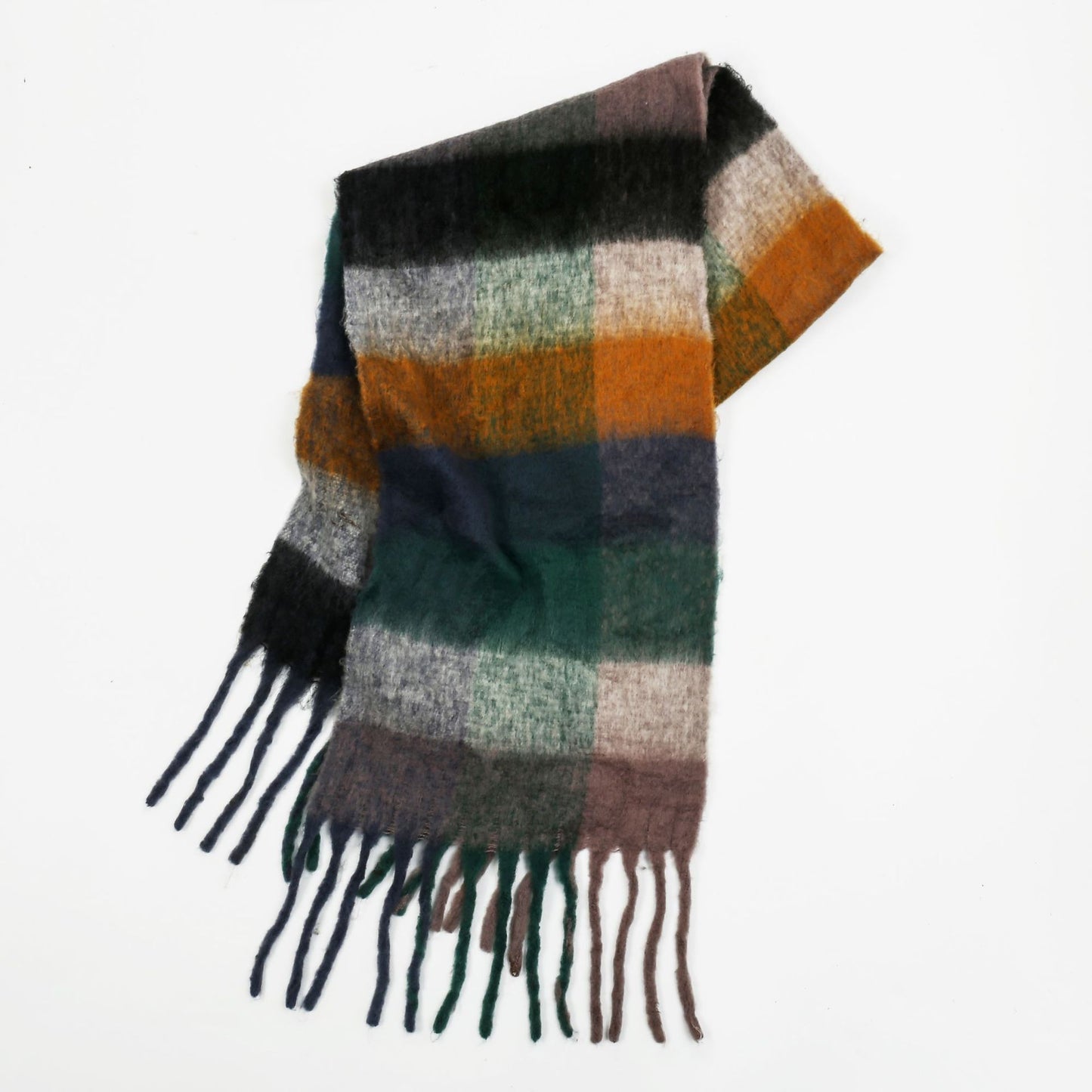 Women Color Matching Mohair Scarf Autumn Winter Warm Thickening Lattice Tassel