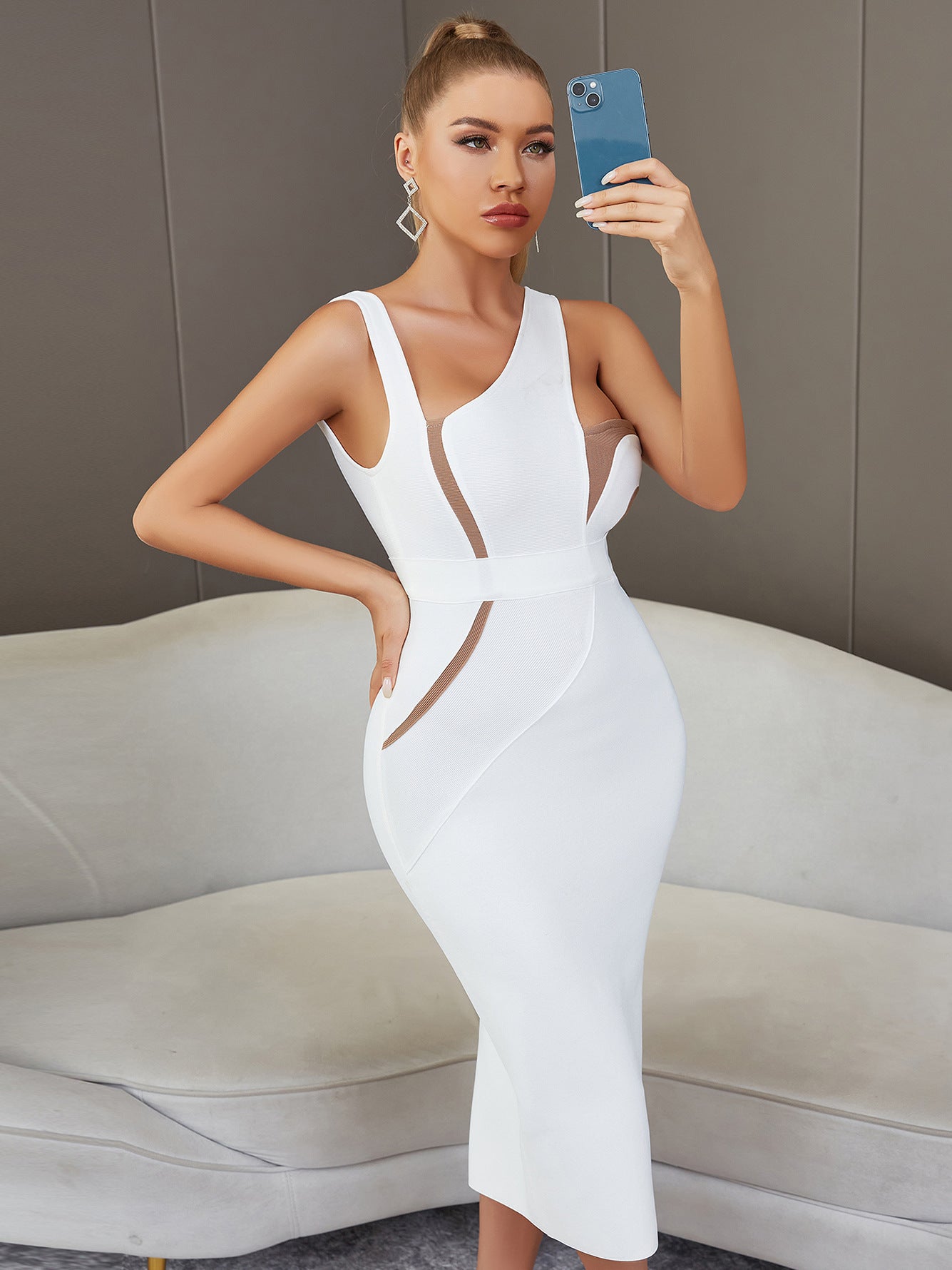 Summer Vest Sleeveless Sexy Backless White Mid Length Tight Bandage One Piece Dress Women Elegant Lady Of Note Evening Dress