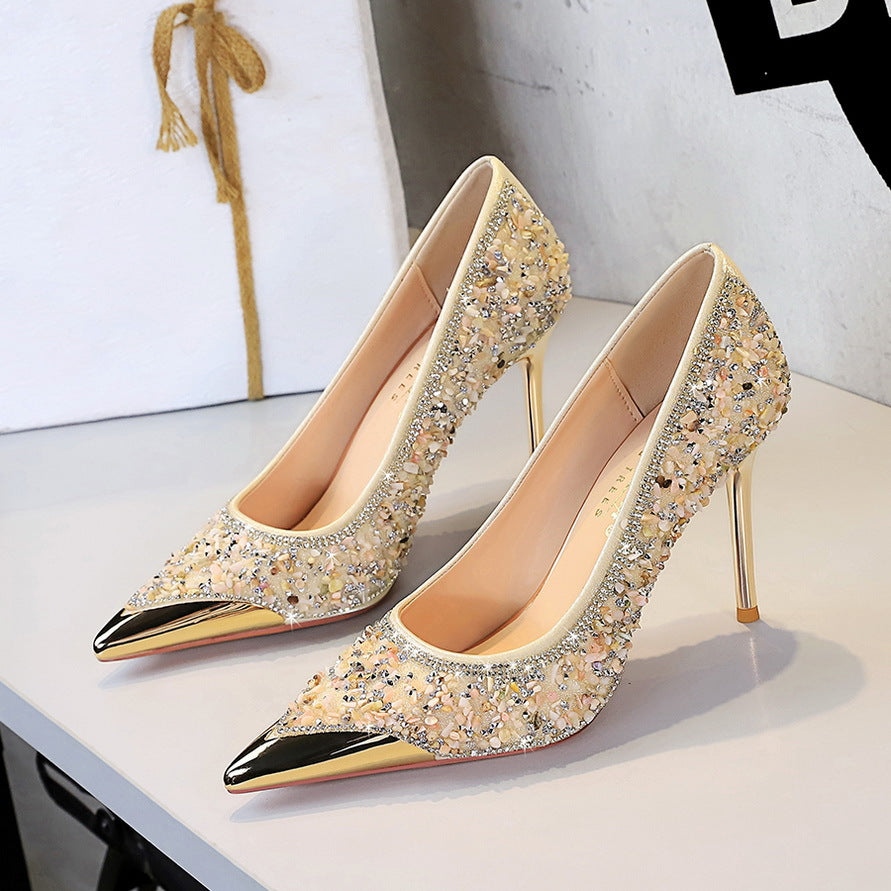Stiletto Rhinestone High Heels Metal Pointed Women Shoes Low Cut Slip on Crystal Pumps Women Shoes