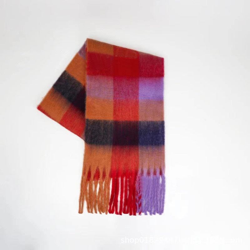 Women Plaid Scarf Winter Warm Plaid Rainbow Tassel Cashmere like Shawl Scarf