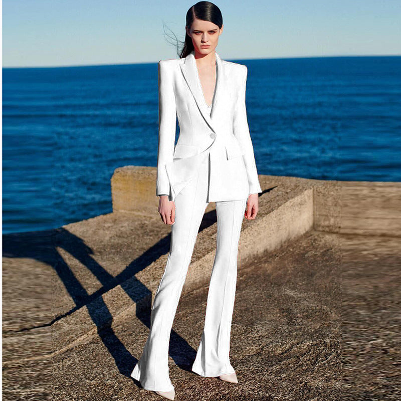 One Button Cloth Cover Mid Length Bell Bottom Pants Two Piece Set