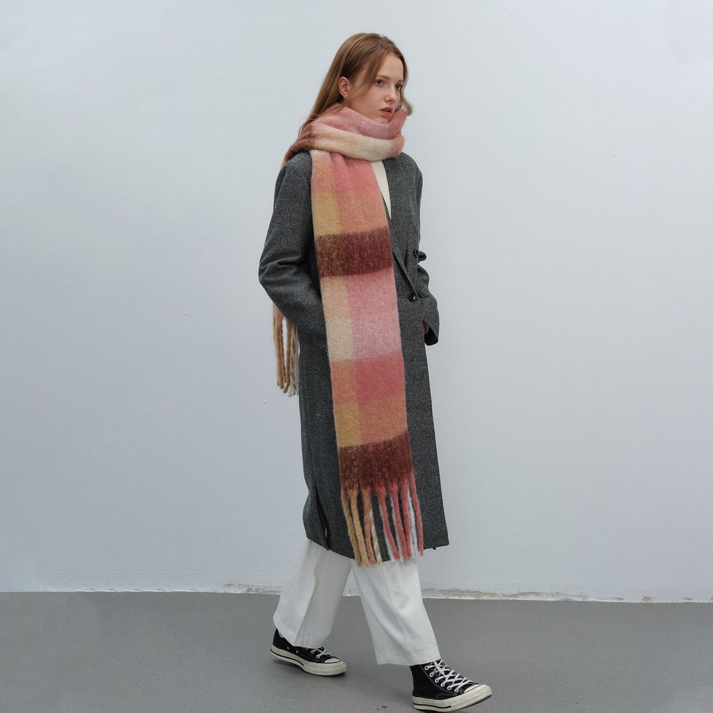 Women Plaid Scarf Winter Warm Plaid Rainbow Tassel Cashmere like Shawl Scarf