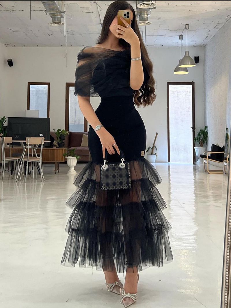 Women Clothing Trailing Sexy Dress Mesh Stitching Tube Top Evening Dress