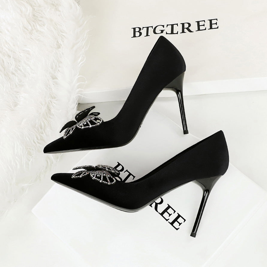 Shining Color Double Layer Bow Decoration High Heels Suede Super High Heel Shallow Mouth Women Shoes