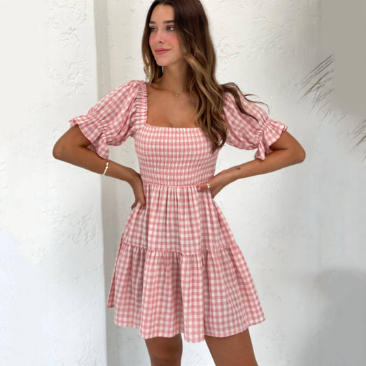 Summer Printed Checks Pleated Corset Casual Dress