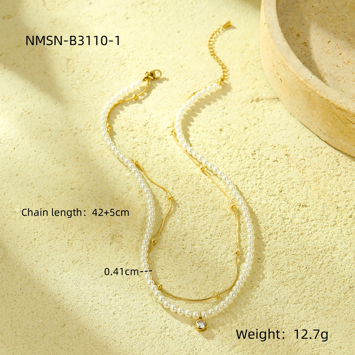 All Match Pearl Double Chain Inlaid Zircon Titanium Steel Necklace 18K Stainless Steel Clavicle Chain Accessories