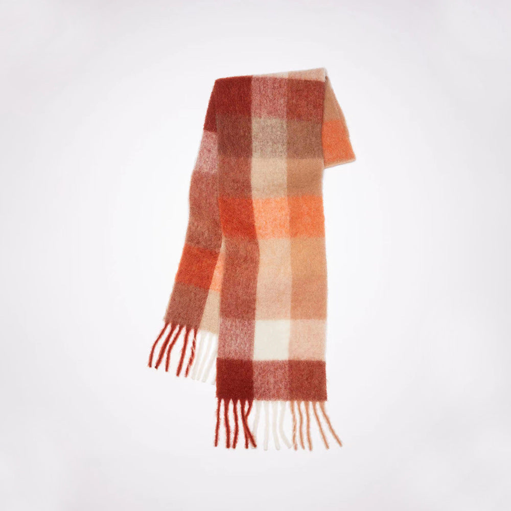 Women Plaid Scarf Winter Warm Plaid Rainbow Tassel Cashmere like Shawl Scarf