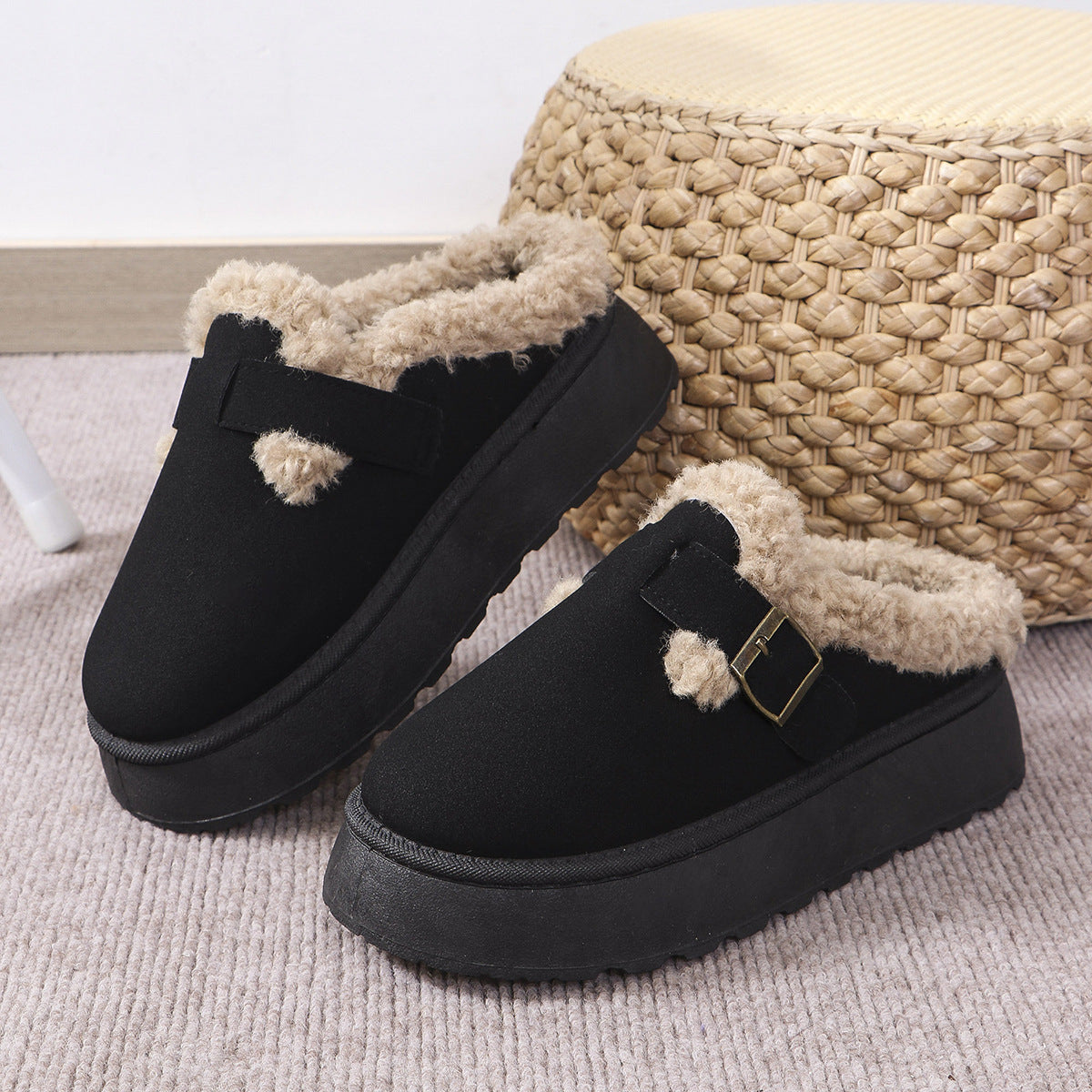 Autumn Winter Thick Bottom Plush Buckle Thermal Cotton Slippers Casual Women Shoes