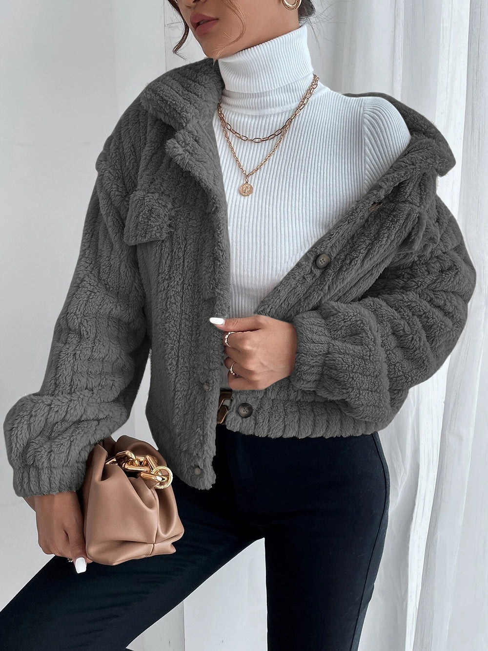 Autumn Winter Rabbit Plush Coat Collared Shirt Fleece Lined Comfortable Casual Women Thickened Fleece Coat