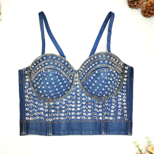 Beaded Denim Straps Outerwear Underwear with Steel Ring Shaping Wrapped Chest Boning Corset Boning Corset Top...